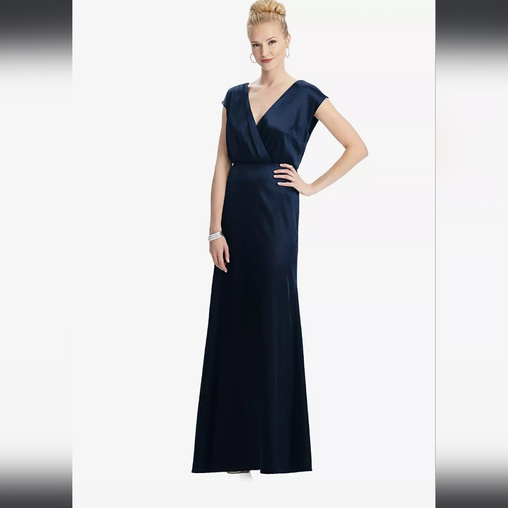 Dessy Collection Cap Sleeve Blouson Faux Wrap In Midnight Navy Style 305…